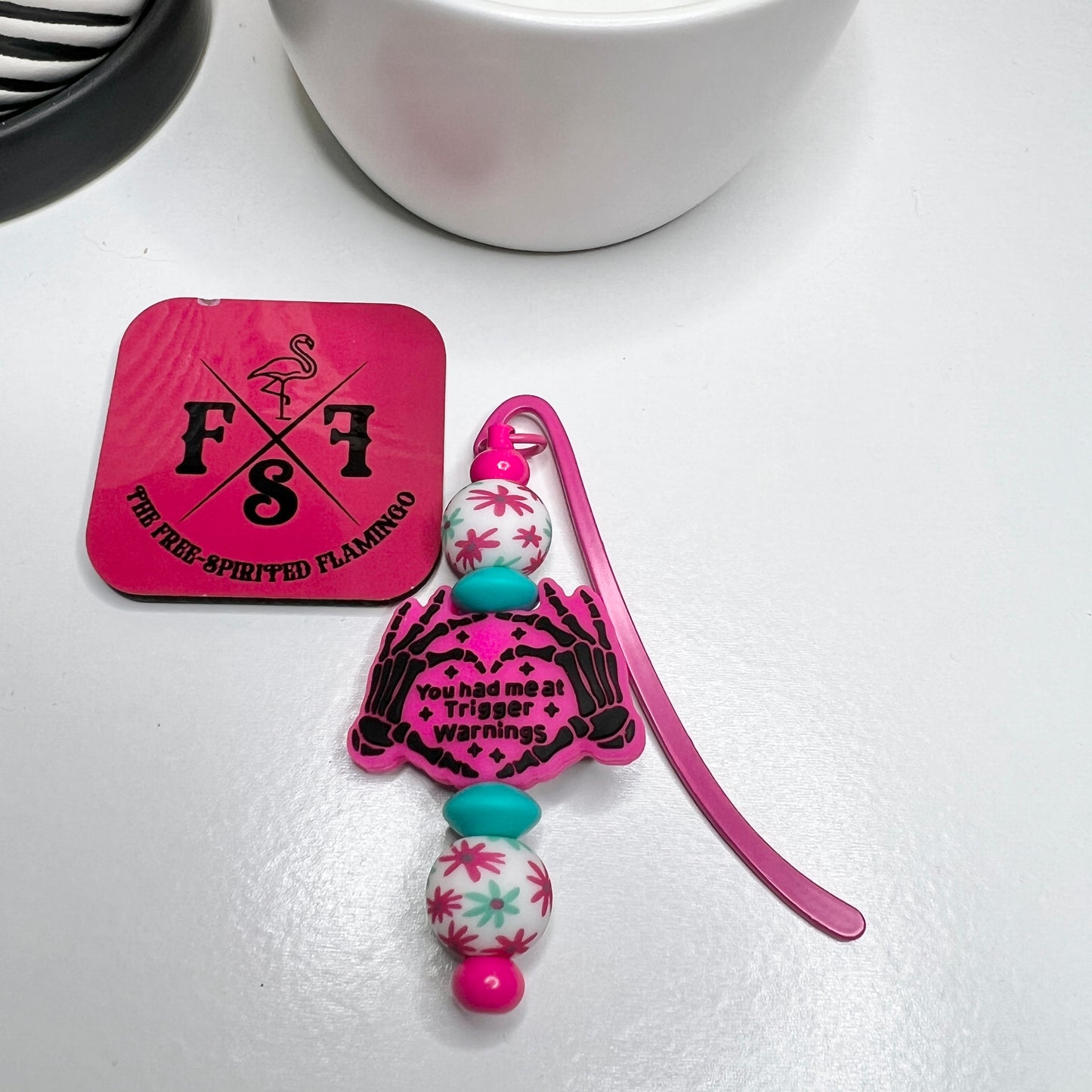Pink Trigger Warning Beaded Bookmark