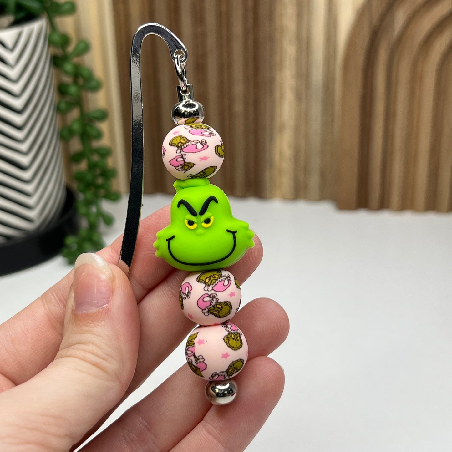 Pink Christmas Green Guy Beaded Bookmark