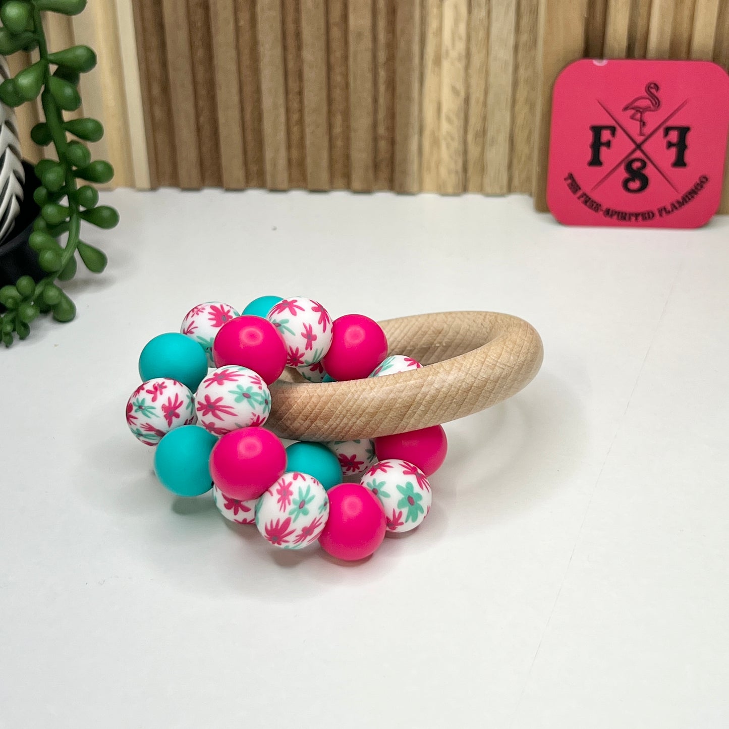 Hot Pink + Mint Daisy Ring Toy