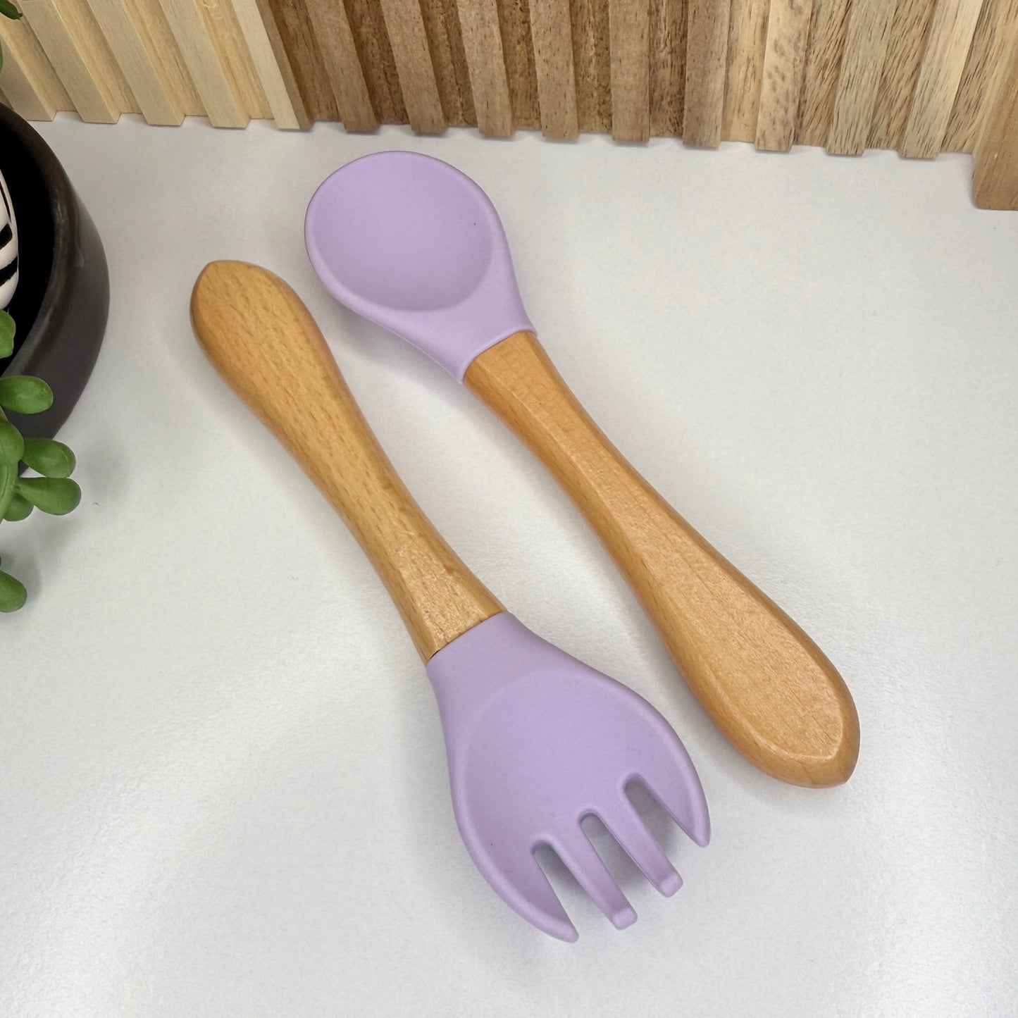 Silicone/Wood Fork & Spoon Set | Purple