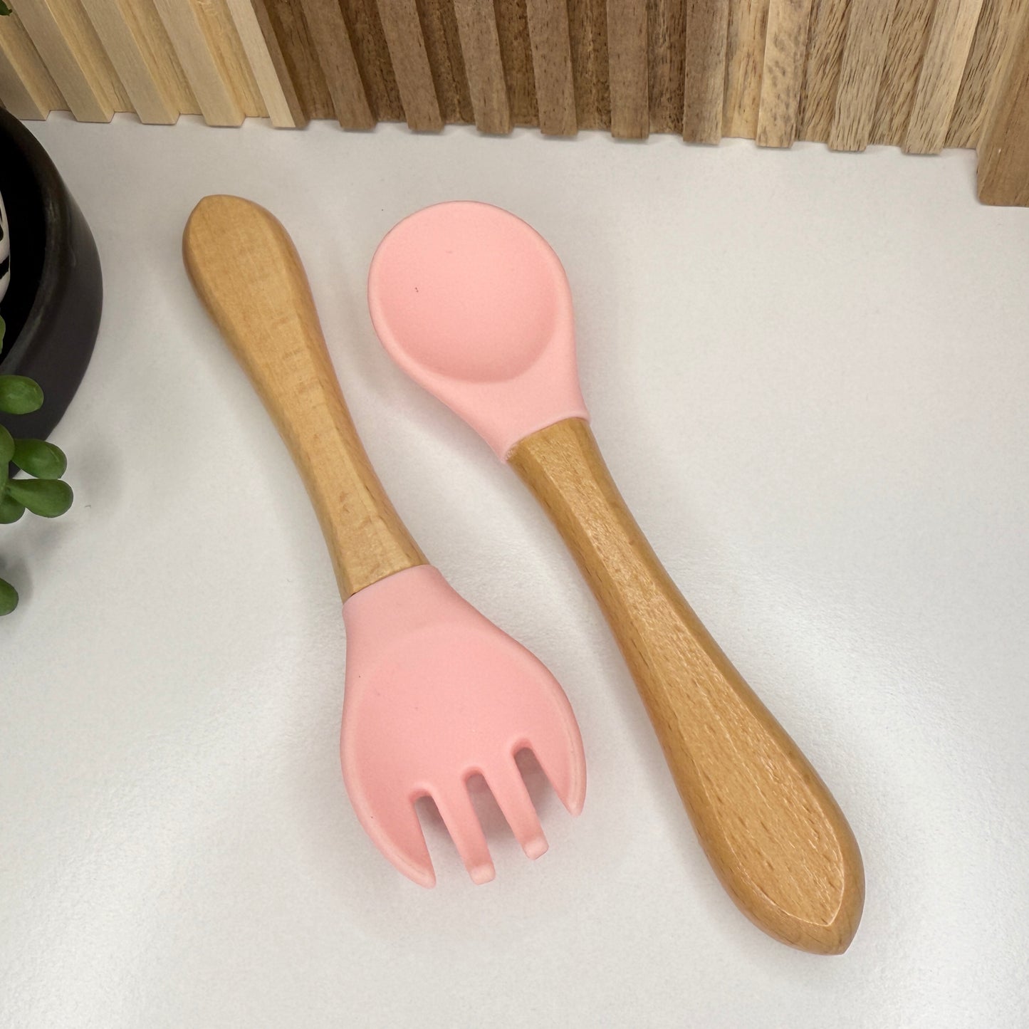 Silicone/Wood Fork & Spoon Set | Pink