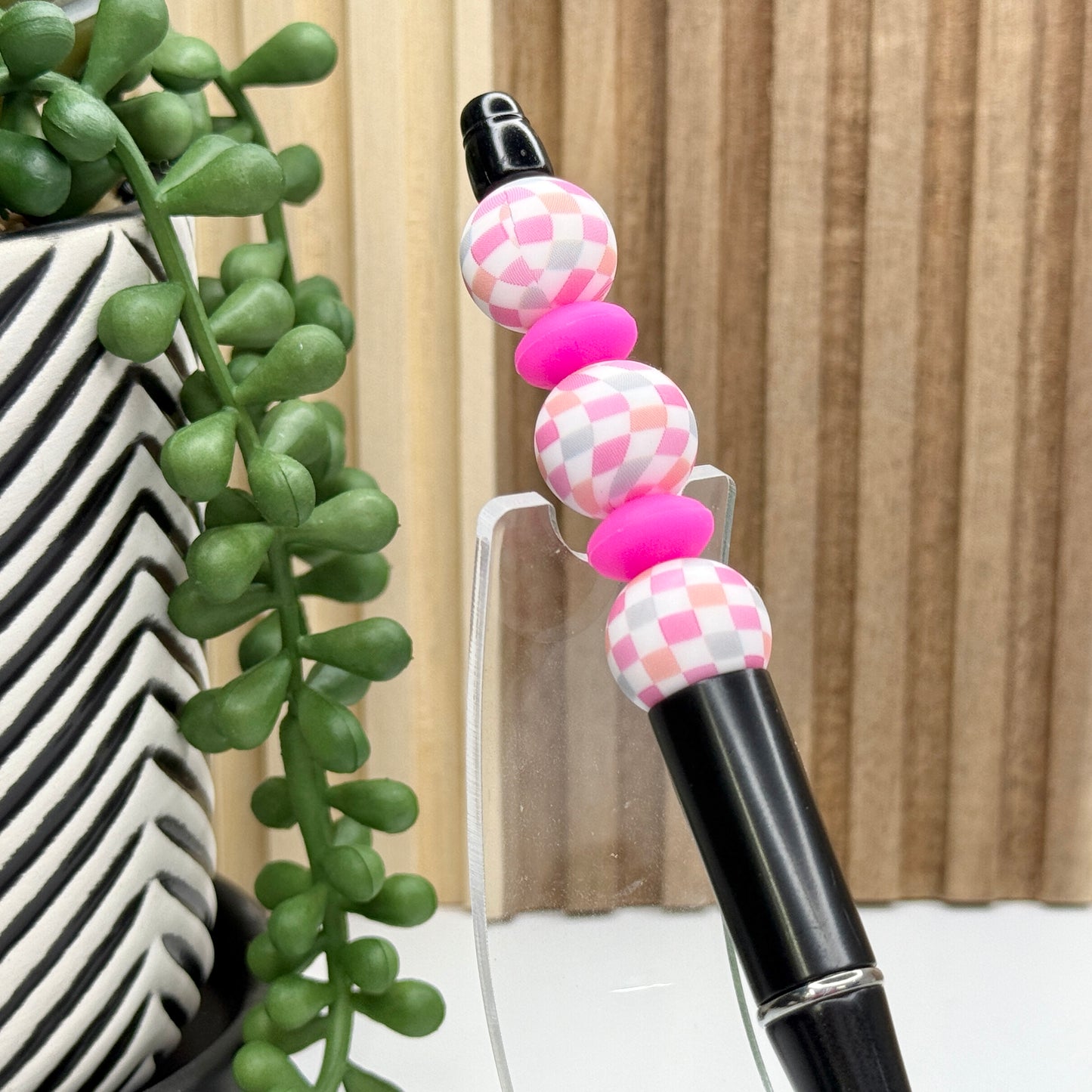 Springy Pink Checkered Plastic Pen