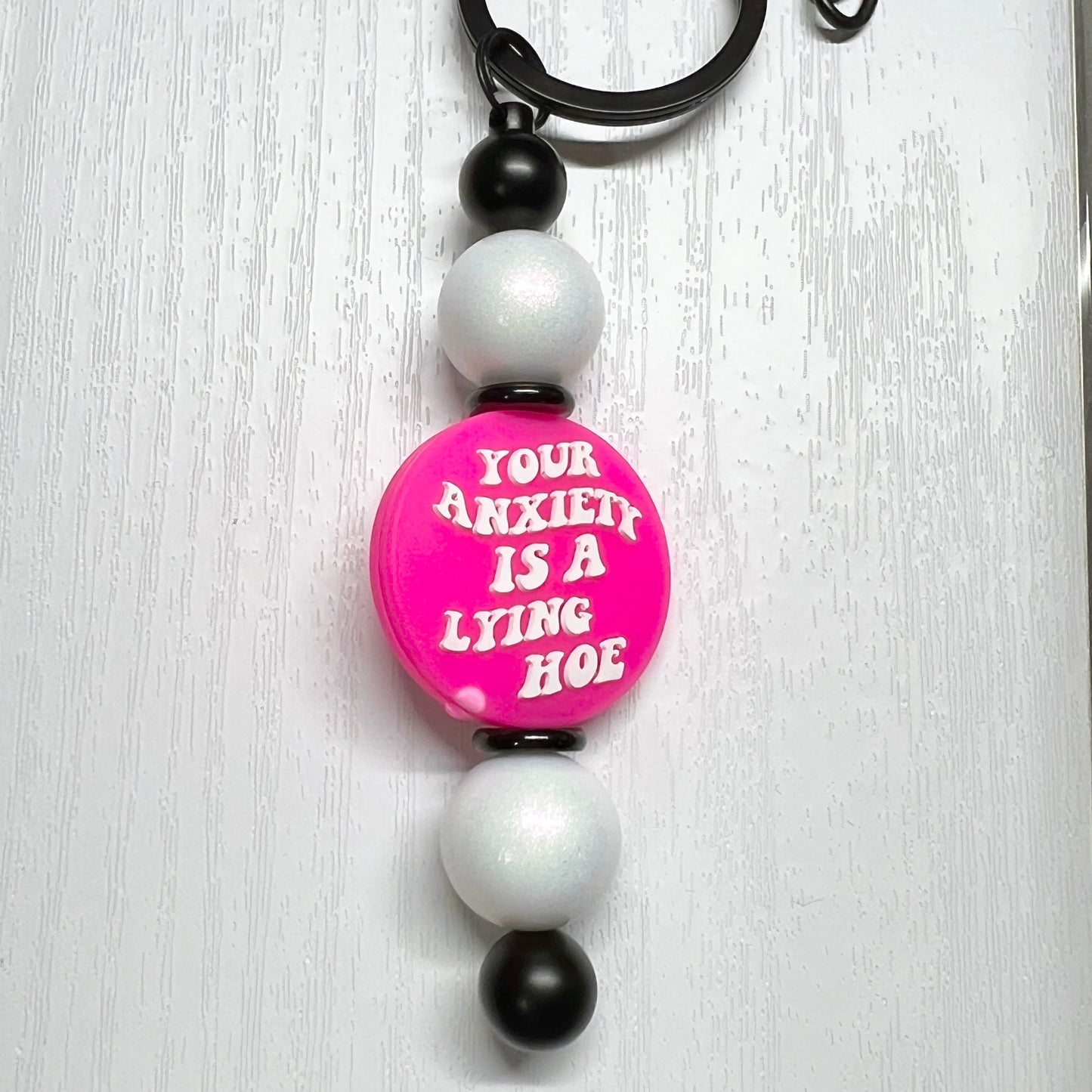 Pink Anxiety Lying Black Keychain Bar