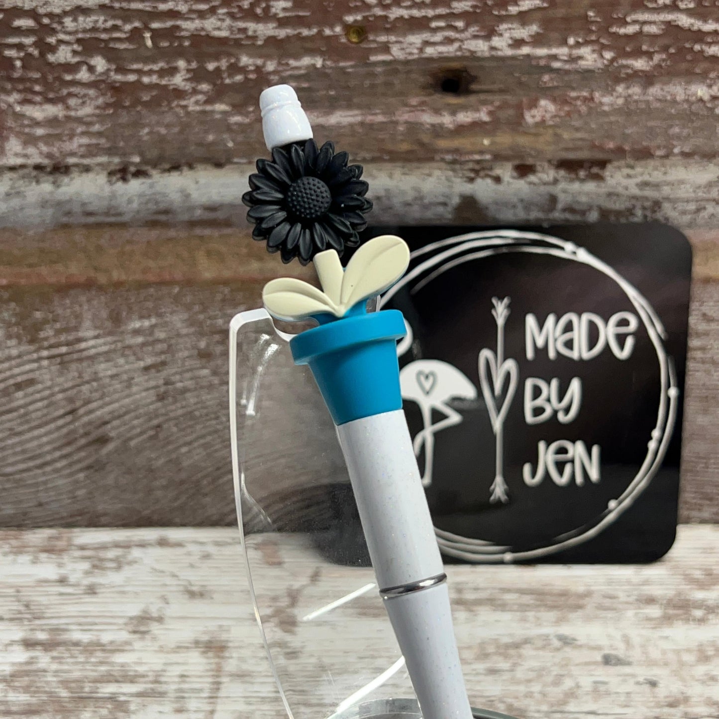 Black Daisy Teal Bloom Plastic Pen