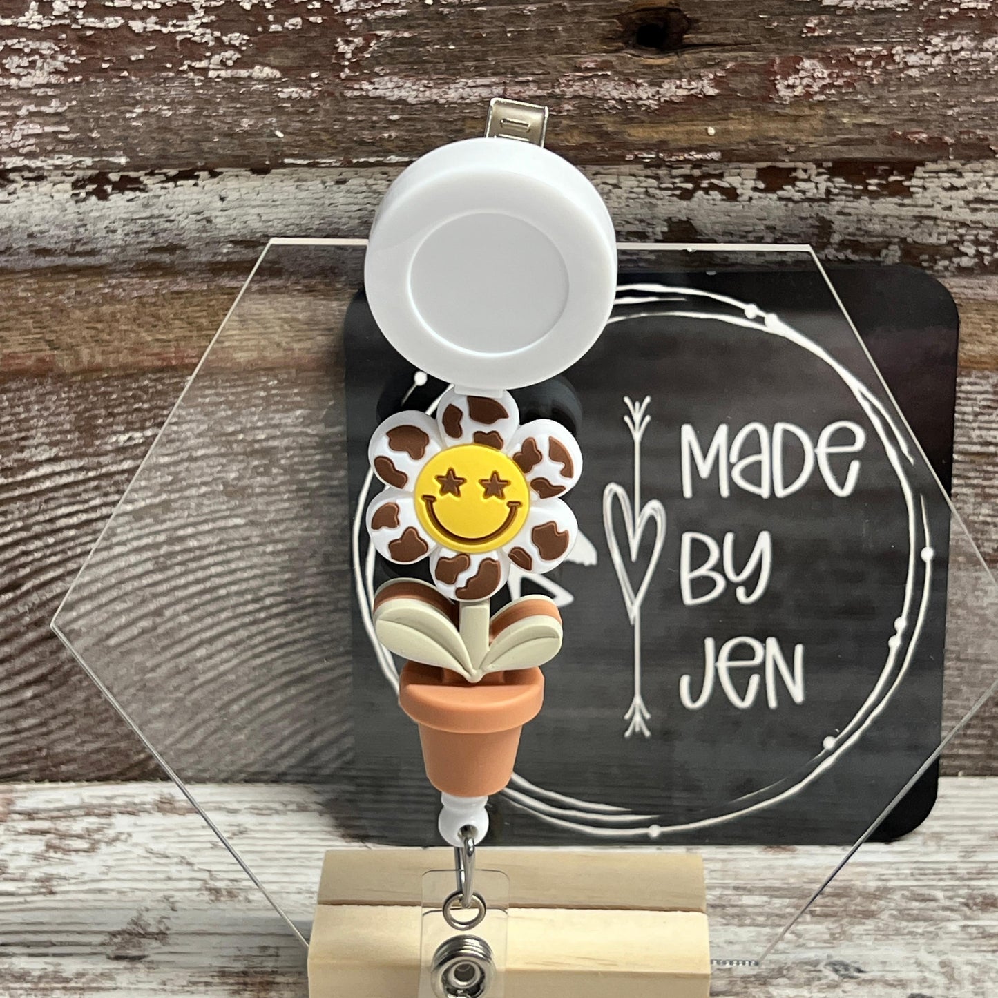 Brown Happy w-Light Bloom Badge Reel