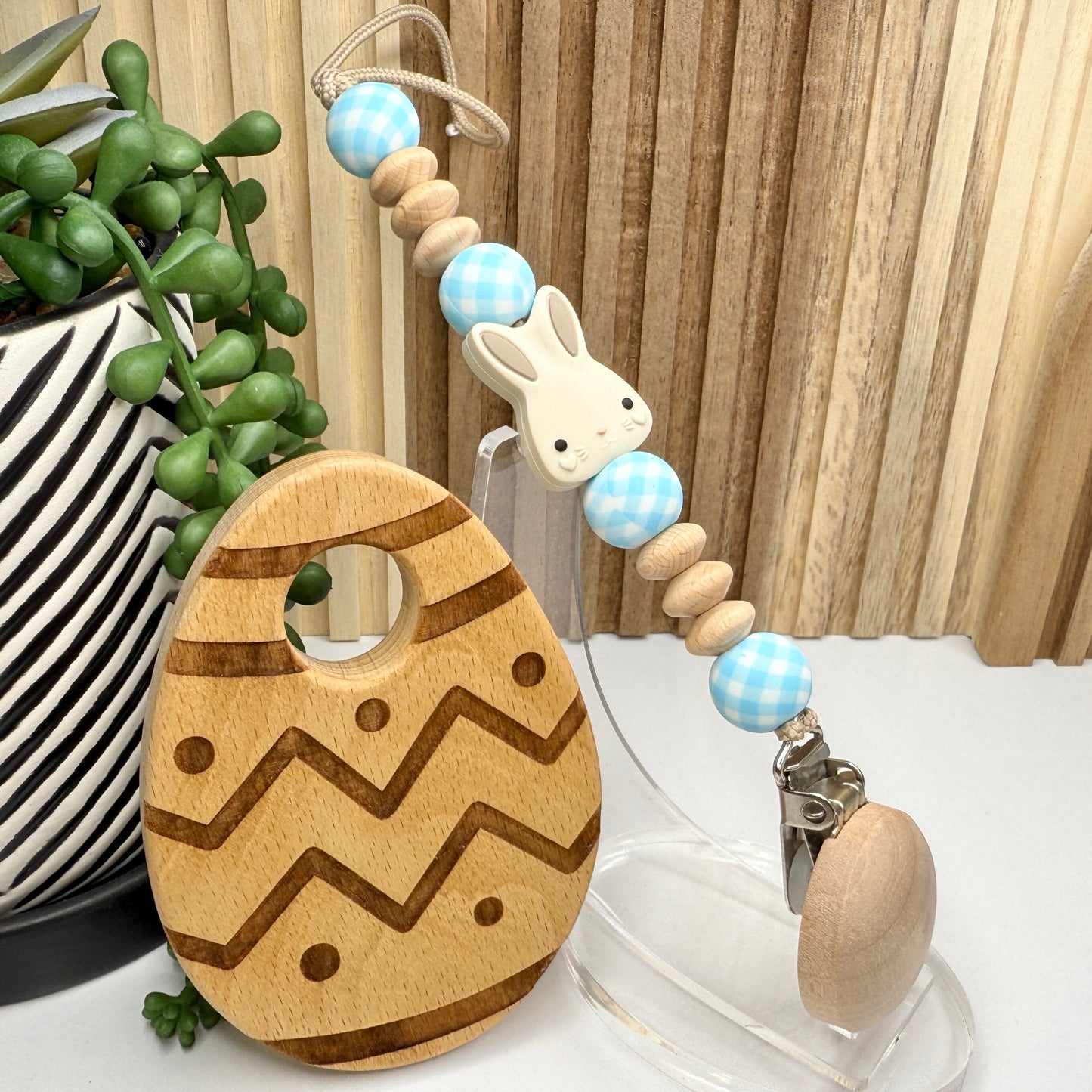 Bunny Egg Wood Pacifier Clip Set