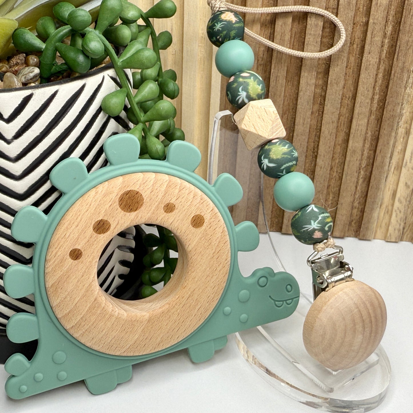 Green Dino Wood Pacifier Clip Set
