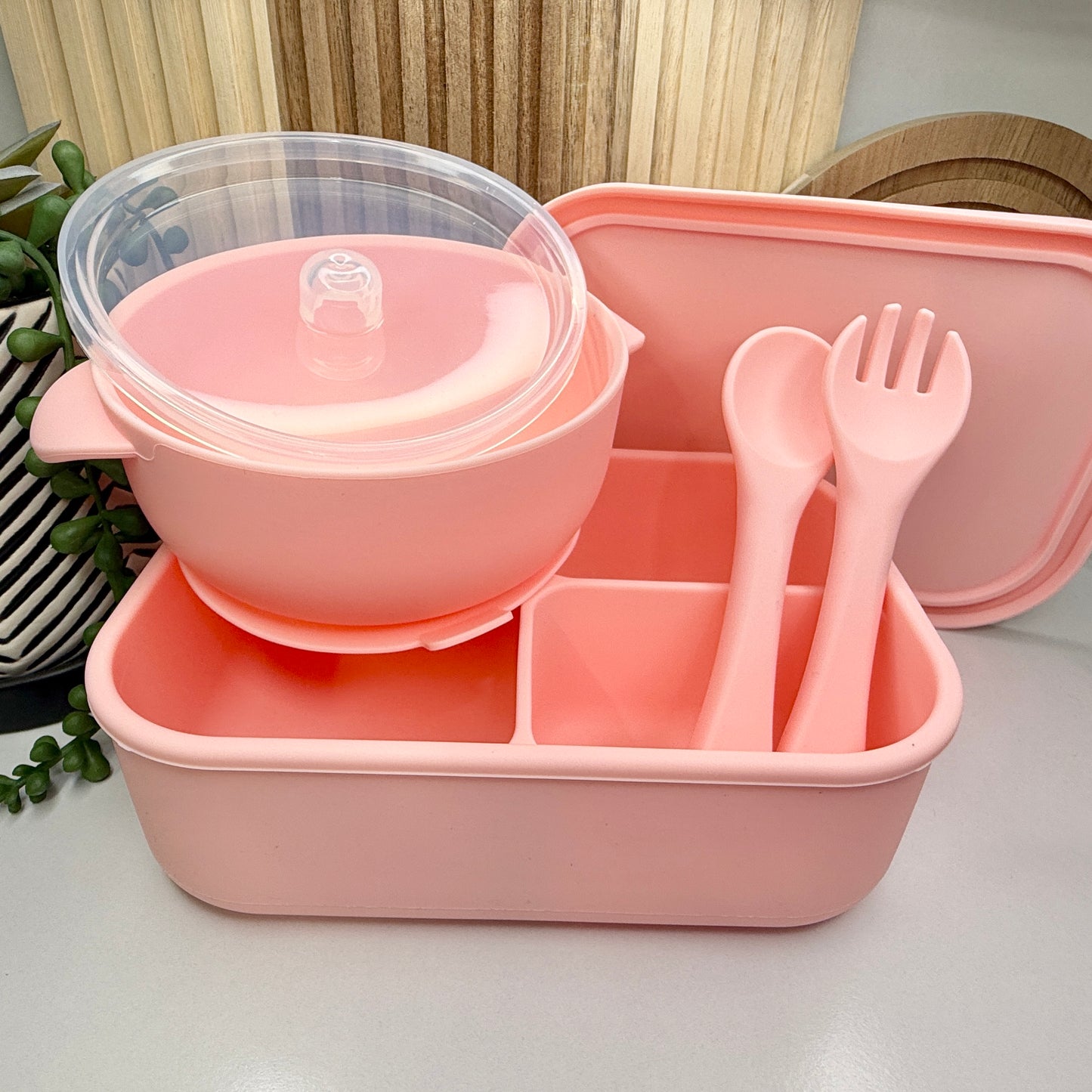 Silicone Bento Box w/Lid + Bowl + Utensil Set | Pink