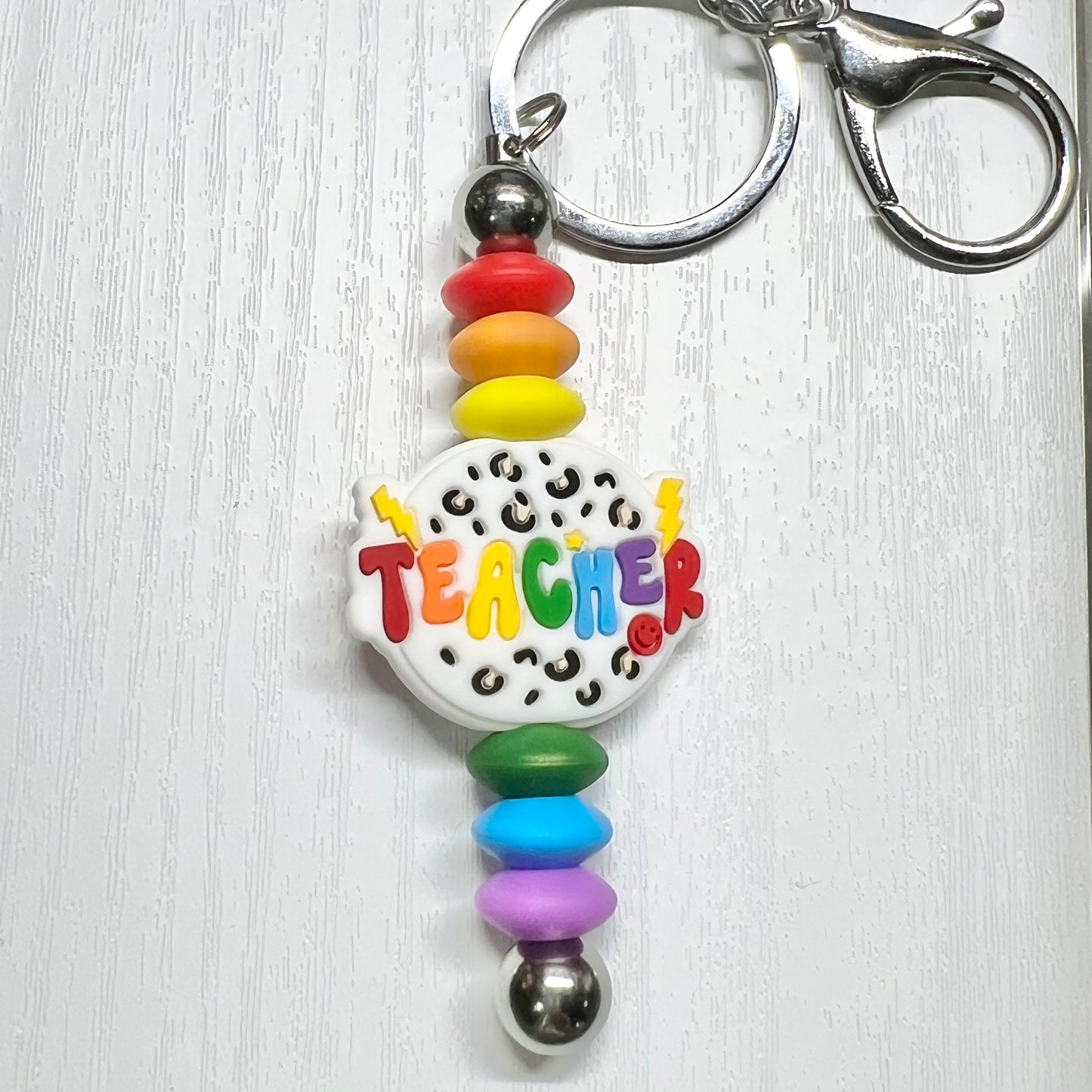 Rainbow Teacher Silver Keychain Bar