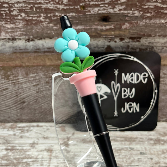 Blue w/Pink Bloom Plastic Pen
