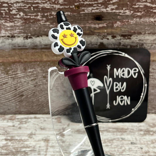 Black Happy Burgundy Bloom Plastic Pen