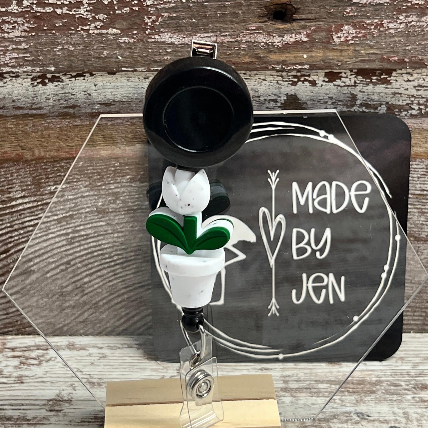 White Speckled Tulip Bloom Badge Reel